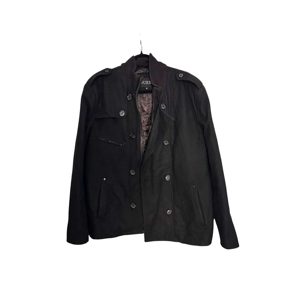 GUESS Mens Black Wool Blend Military Pea Coat Jacket XL 11SN02008 111AB685